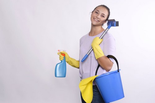 Carpet cleaning service working safely in a residential property